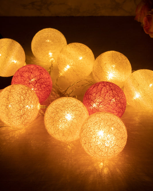 VON CASA String Lights, with 10 Balls, Pink & Taupe, Polystyrene & Cotton