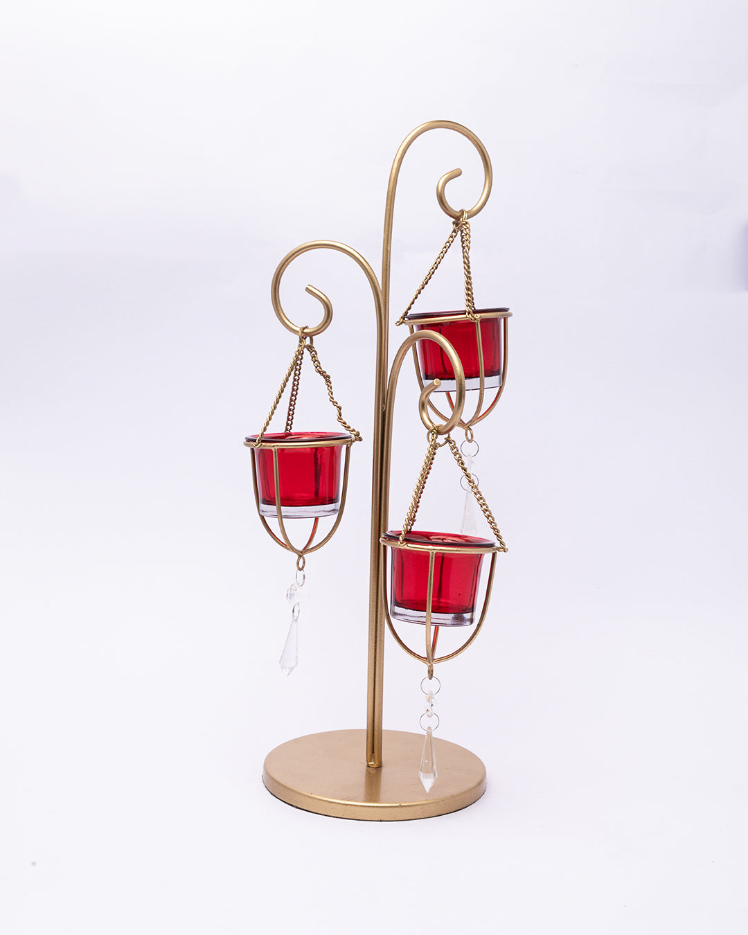 VON CASA 3 T-Light Candle Holder, Red Hanging Votive, Gold Finish, Mild Steel