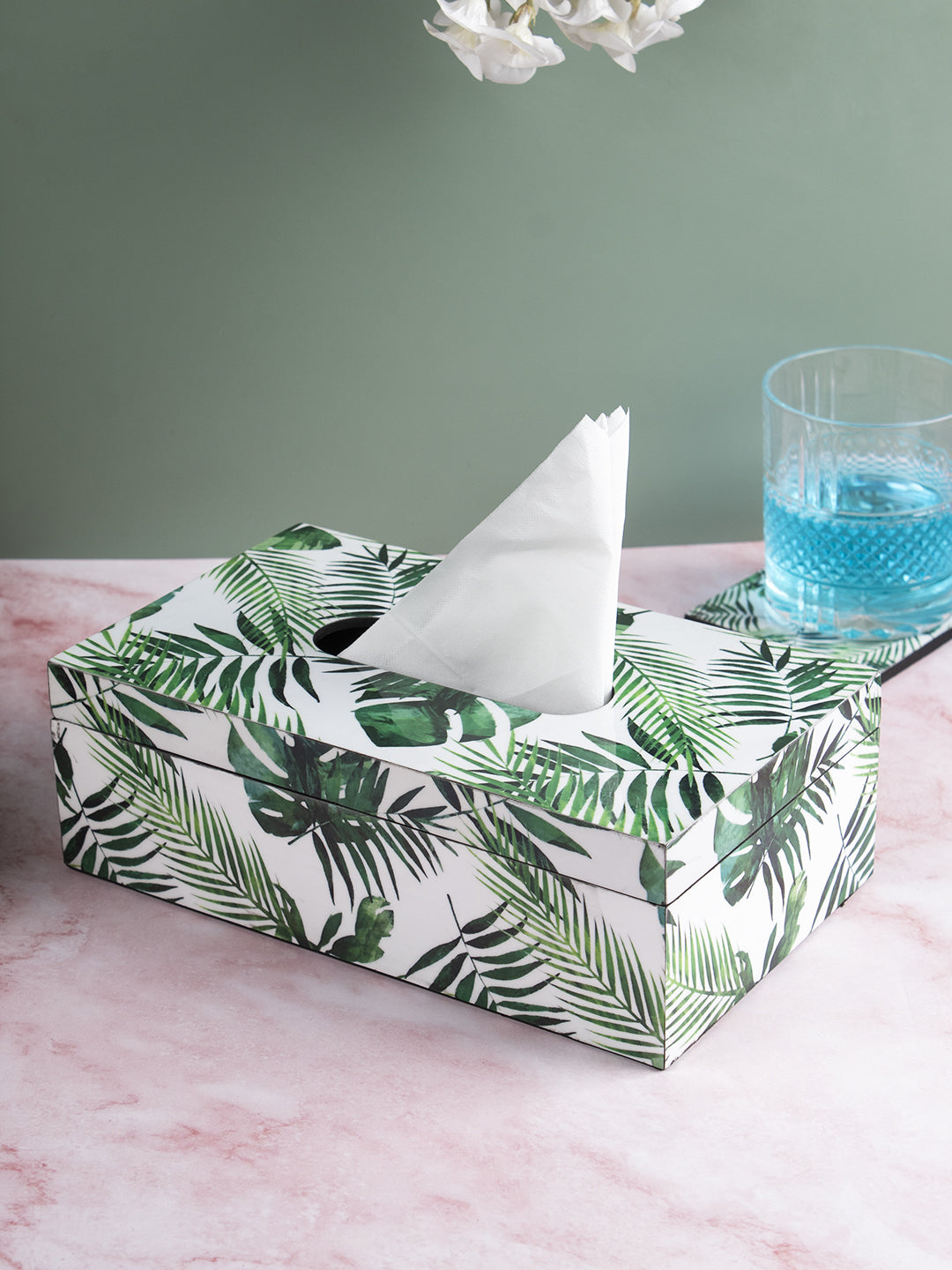 VON CASA Tissue Box, Nature Inspired Design, Facial Tissue Holder with Soft Bottom for Home, Office, & Restaurant, Rectangular, Green Colour, MDF