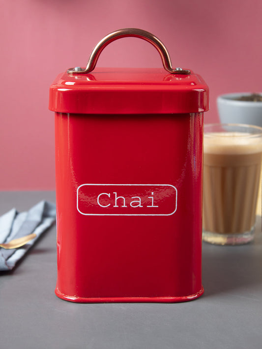 VON CASA Chai Jar, Kitchen Decorative, Countertop Metal Storage Jar, Red, Mild Steel | (1 Litre)