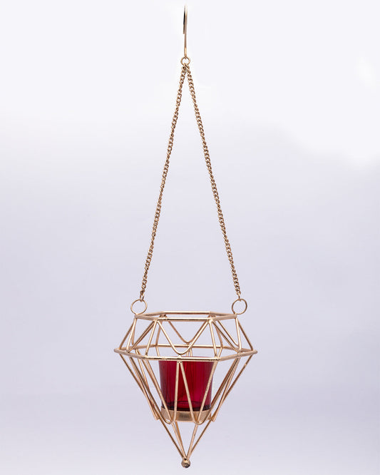 VON CASA Hanging T-Light Candle Holder, Diamond Shape, Gold Finish, Mild Steel