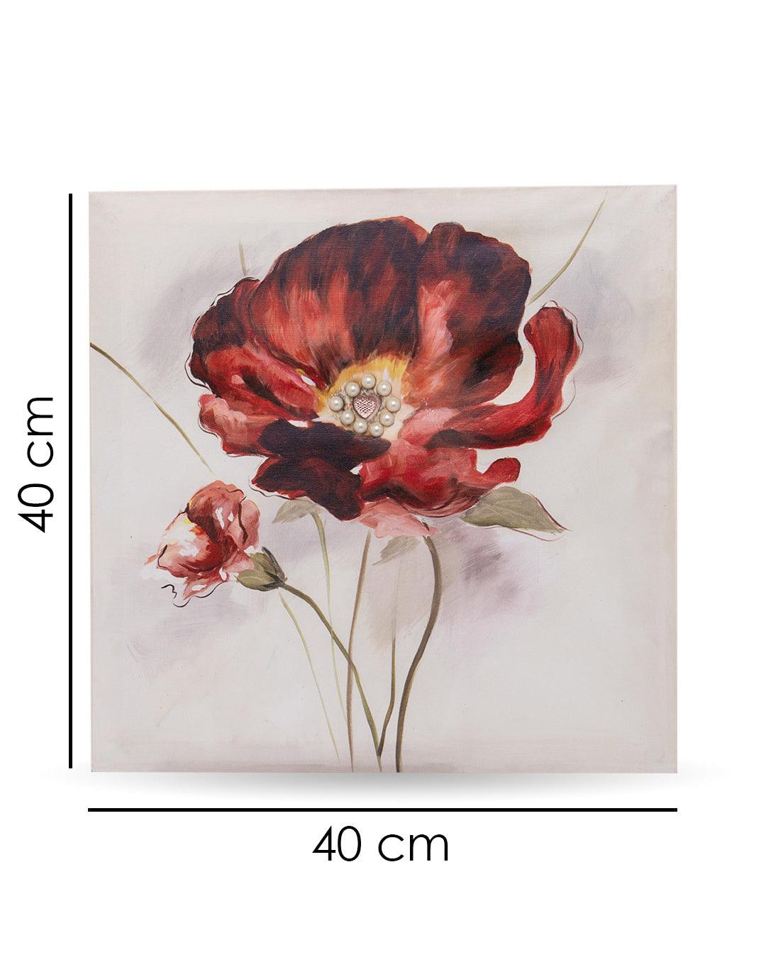 VON CASA Flowers Hand Made Oil Painting, Gallery Wraped, Red, Canvas - VON CASA