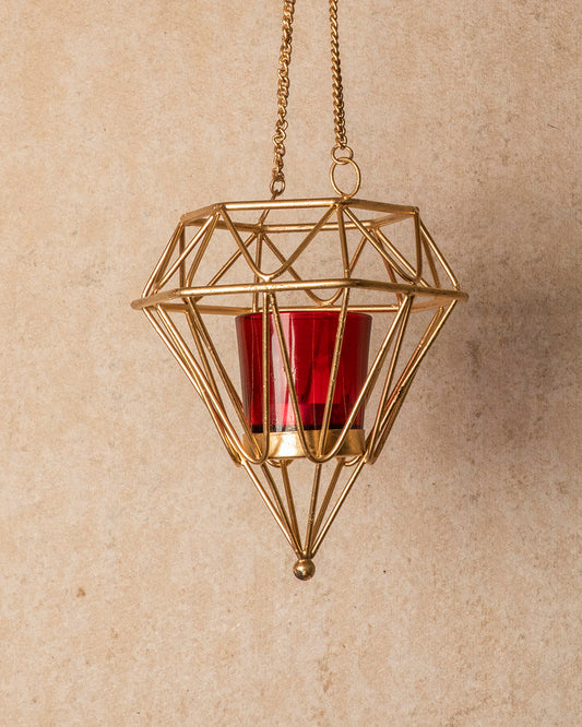 VON CASA Hanging T-Light Candle Holder, Diamond Shape, Gold Finish, Mild Steel
