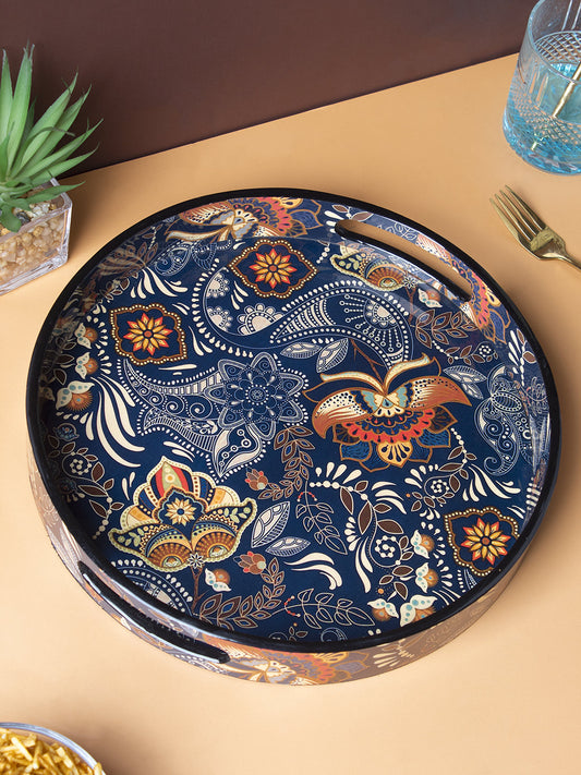 VON CASA Decorative Serving Tray, Wooden Tray with Handles, Ethnic Design Tray, Home Décor, Medium, Round, Multicolour, MDF