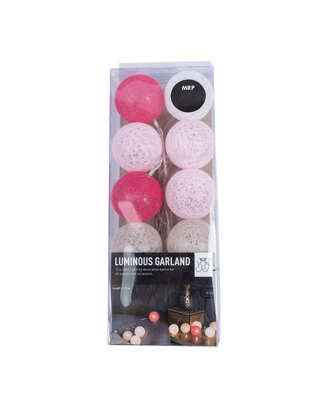 VON CASA String Lights, with 10 Balls, Pink & Taupe, Polystyrene & Cotton