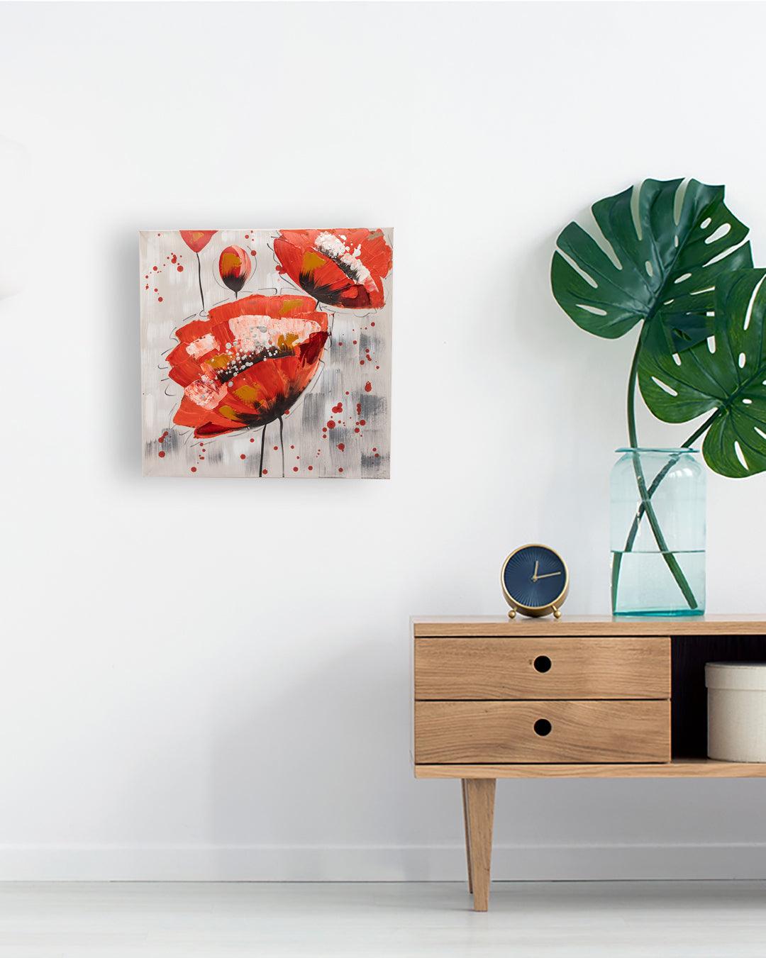 VON CASA Flowers Hand Made Oil Painting Gallery Wrapped, White & Red, Canvas - VON CASA