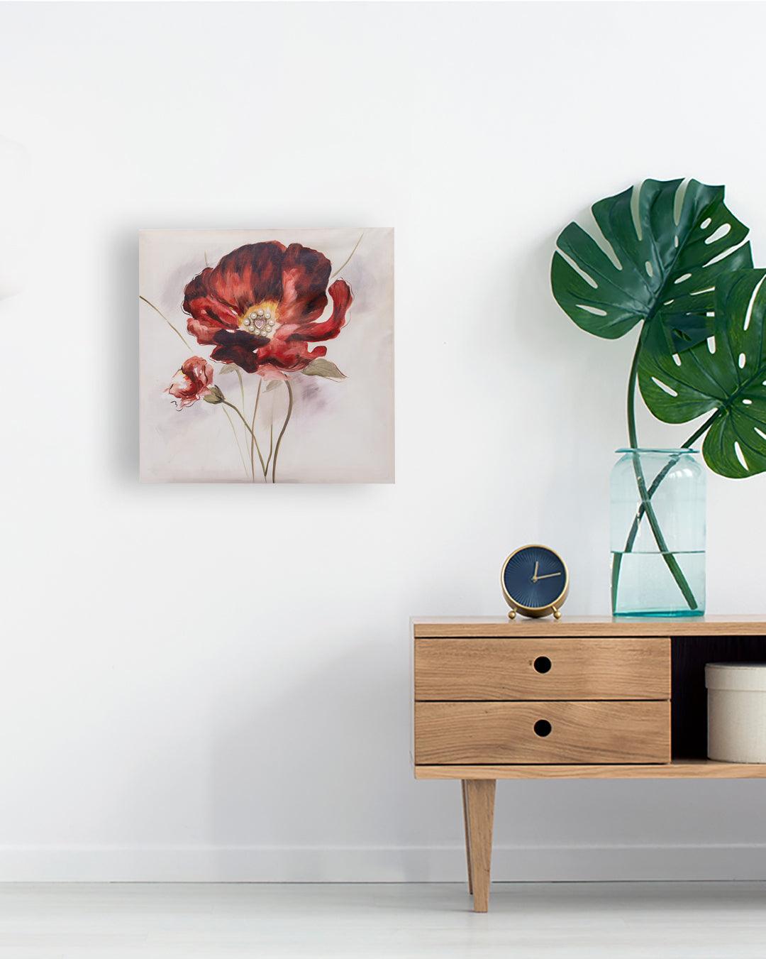 VON CASA Flowers Hand Made Oil Painting, Gallery Wraped, Red, Canvas - VON CASA