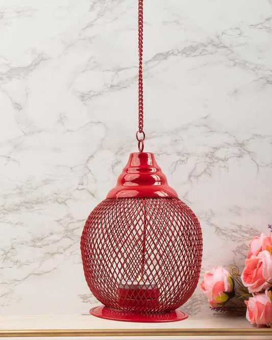 VON CASA Hanging T-Light Holder, Diwali Décor, Red, Iron - VON CASA
