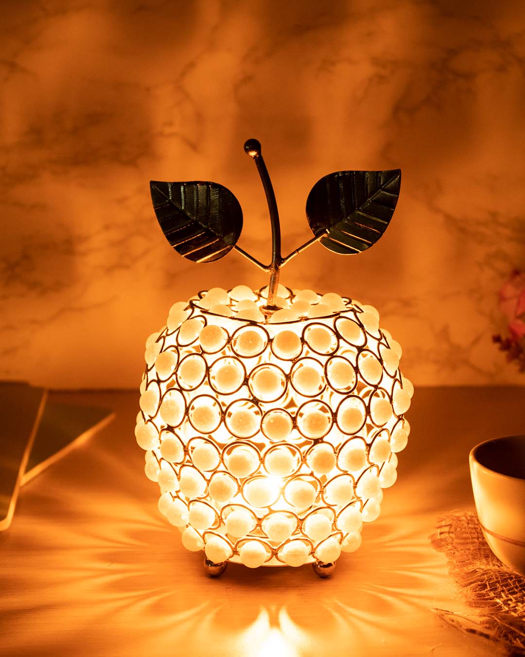 Lighting Silver Crystal Apple T-Light Candle Holder, Diwali Special, Golden, Iron