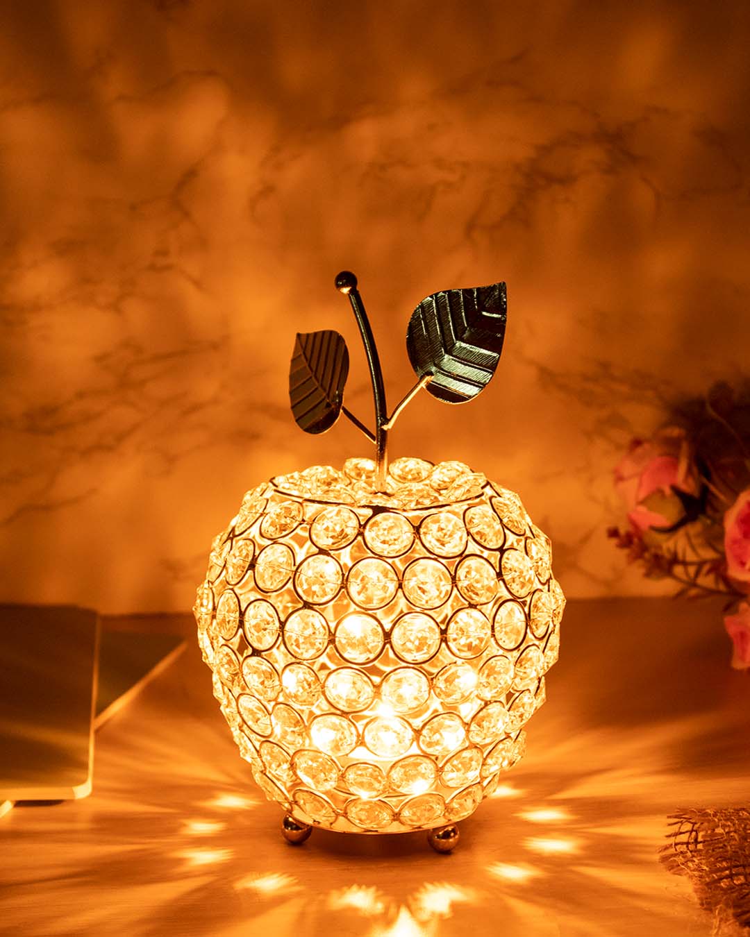 VON CASA Diwali Lighting Silver Crystal Apple T-Light Candle Holder