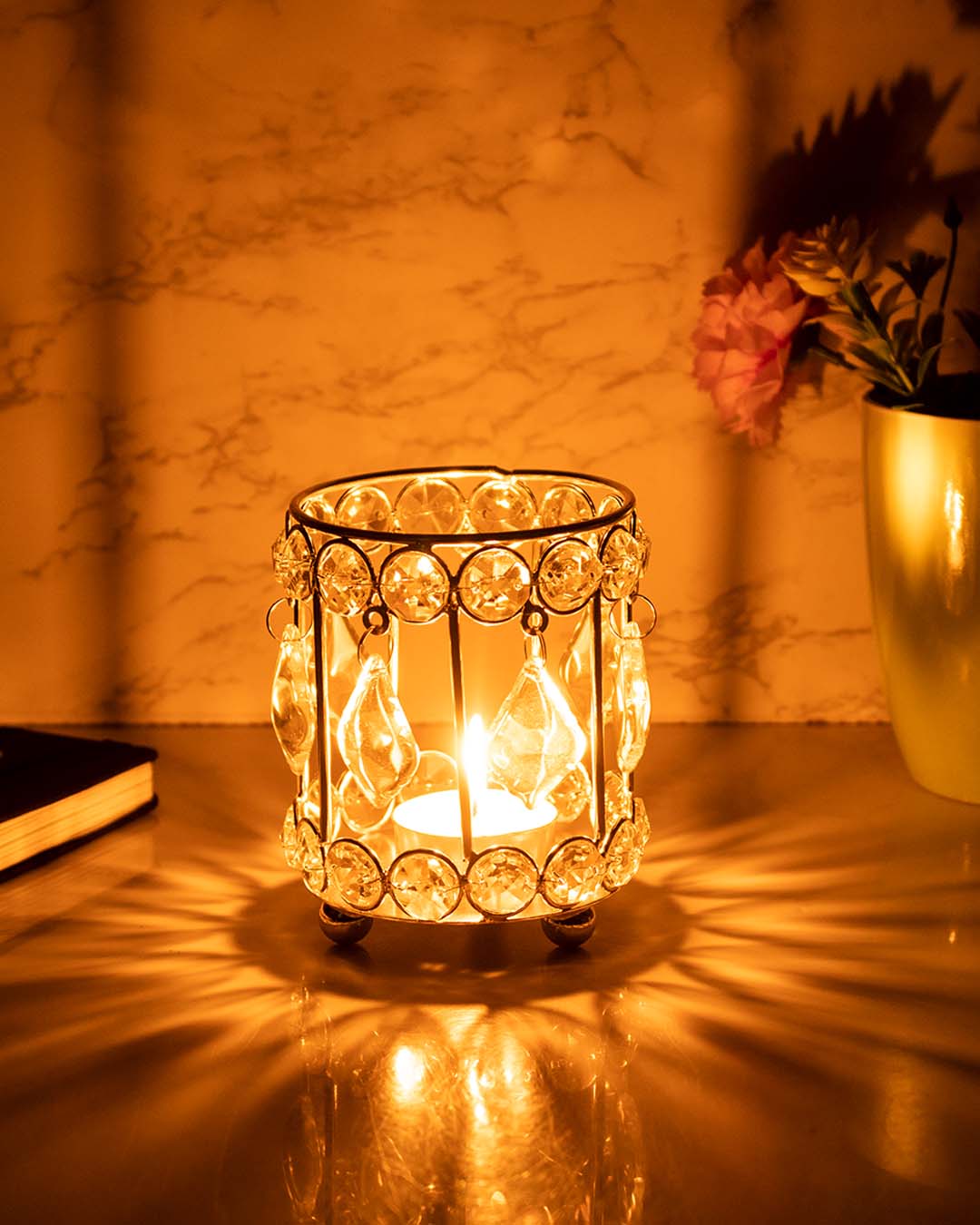 Lighting Silver Crystal Cylindrical Votive Candle Holder, Golden, Iron