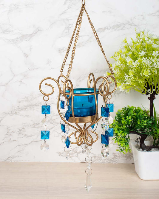 Lighting Wall Hanging Crystal T-Light Holder, Diwali Collection, Blue, Iron