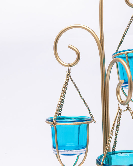 VON CASA 3 T-Light Candle Holder, Turquoise Hanging Votive, Gold Finish, Mild Steel