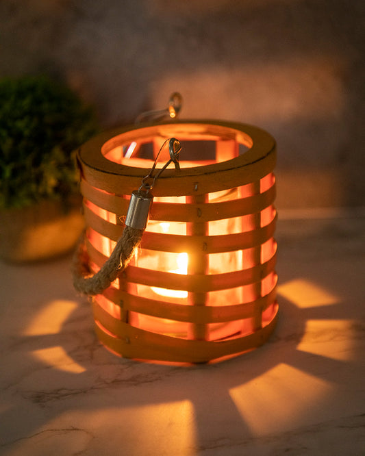 VON CASA Candleholder, Woodchip, Lantern, Yellow, Wood