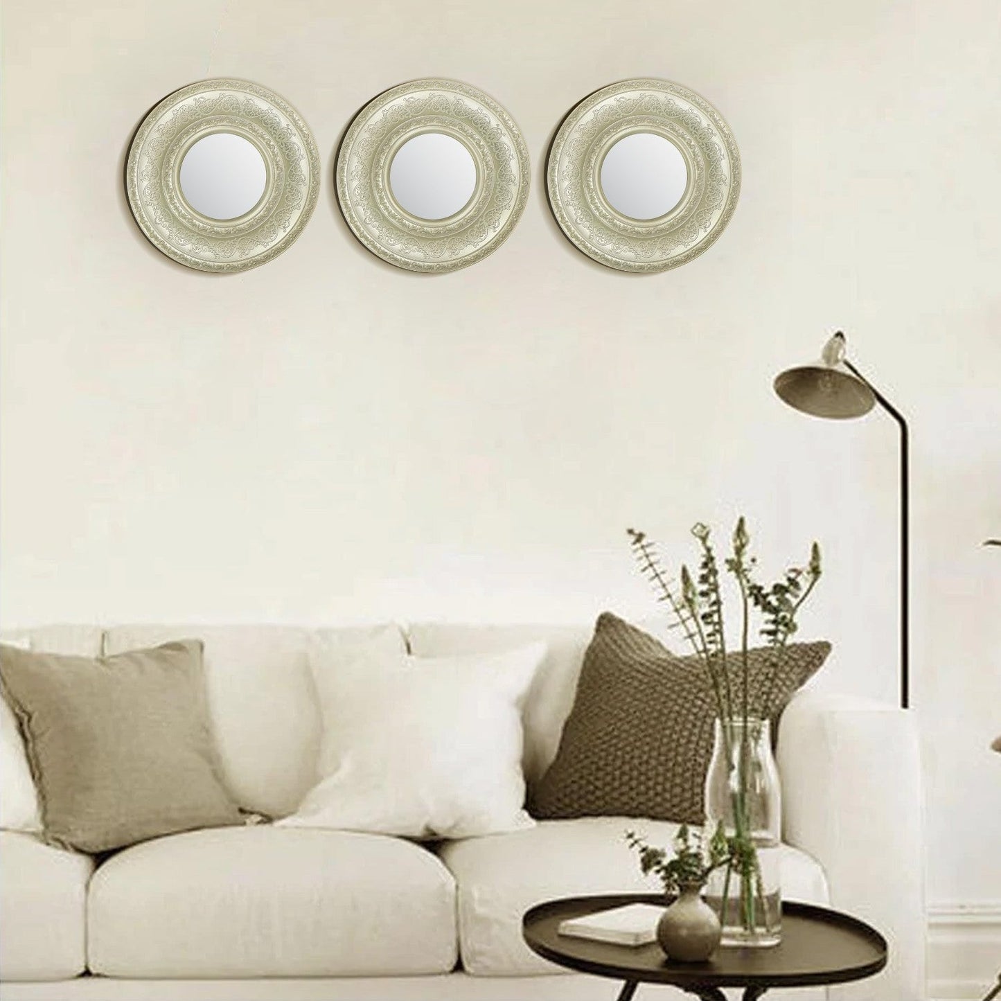VON CASA Wall Mirror, Wall Décor, Antique Finish, Champagne Colour, Plastic, Set of 3