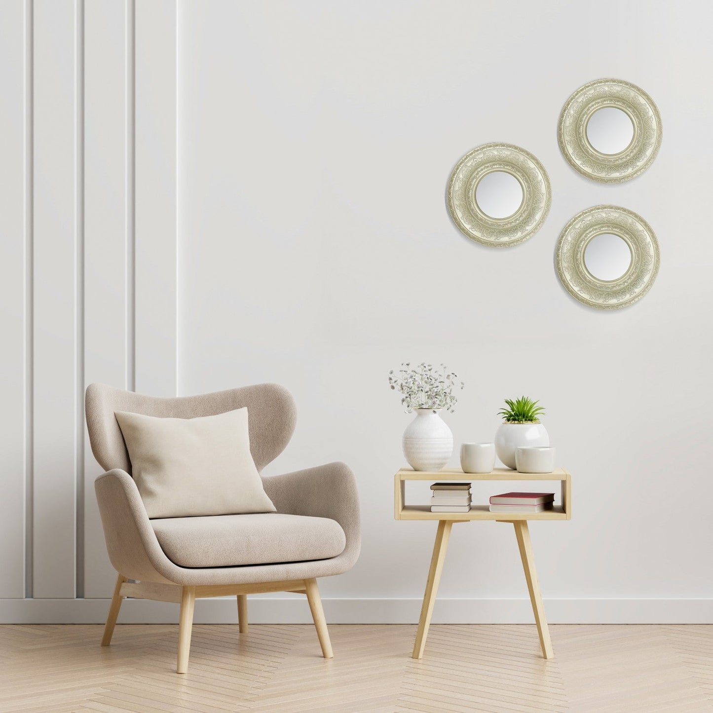 VON CASA Wall Mirror, Wall Décor, Antique Finish, Champagne Colour, Plastic, Set of 3
