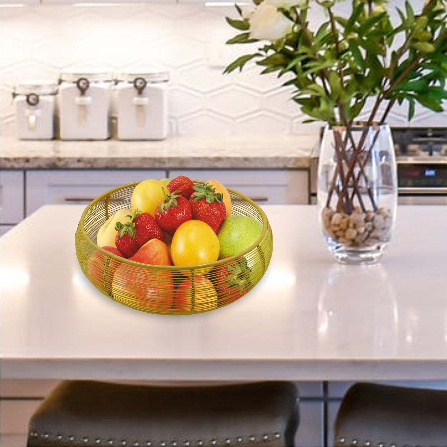 VON CASA Metal Wire Countertop Fruit Bowl, Basket Holder Stand, For Home & Kitchen, Yellow Colour, Iron