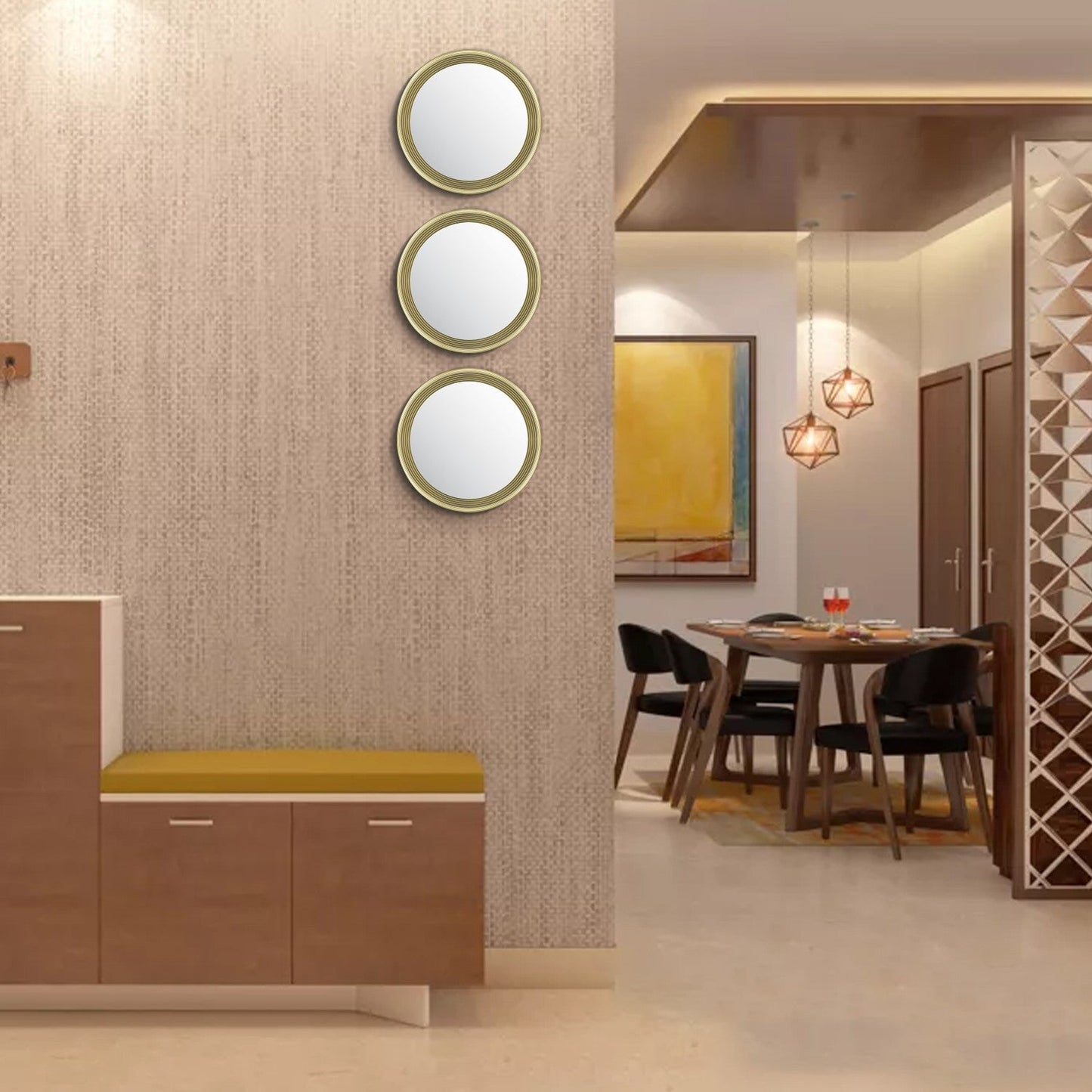 VON CASA Wall Mirror, Wall Décor, Champagne Colour, Plastic, Set of 3