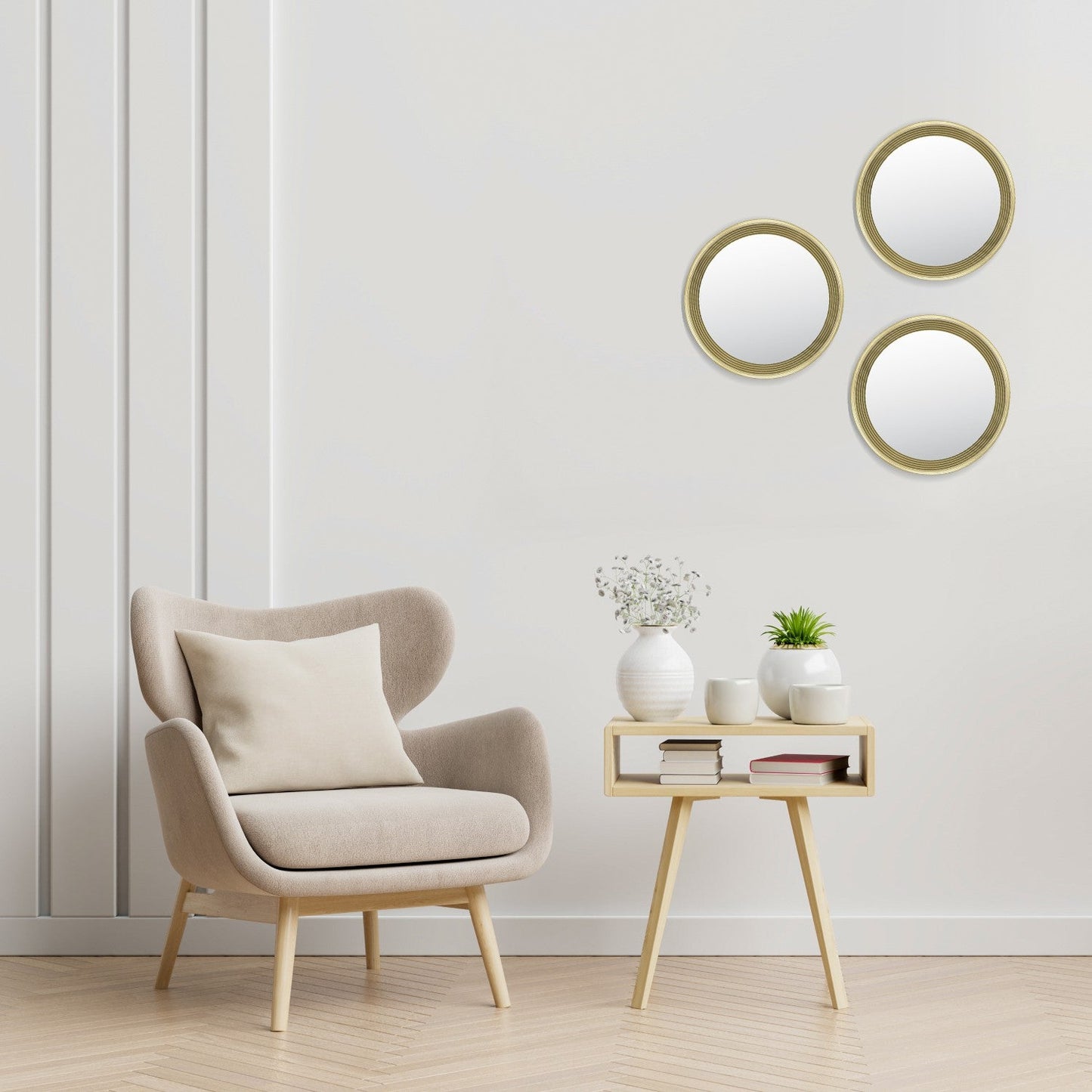 VON CASA Wall Mirror, Wall Décor, Champagne Colour, Plastic, Set of 3