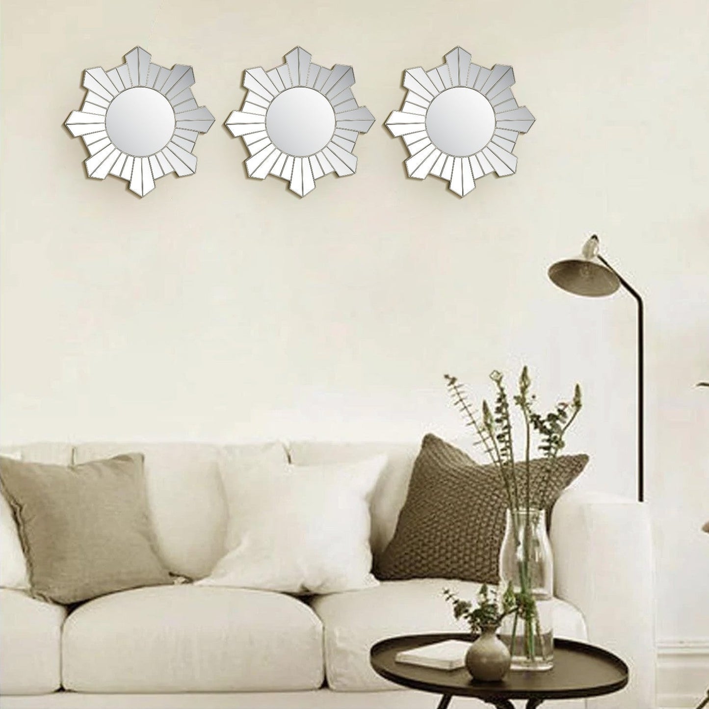 VON CASA Wall Mirror, Wall Décor, Antique Finish, Champagne Colour, Plastic, Set of 3