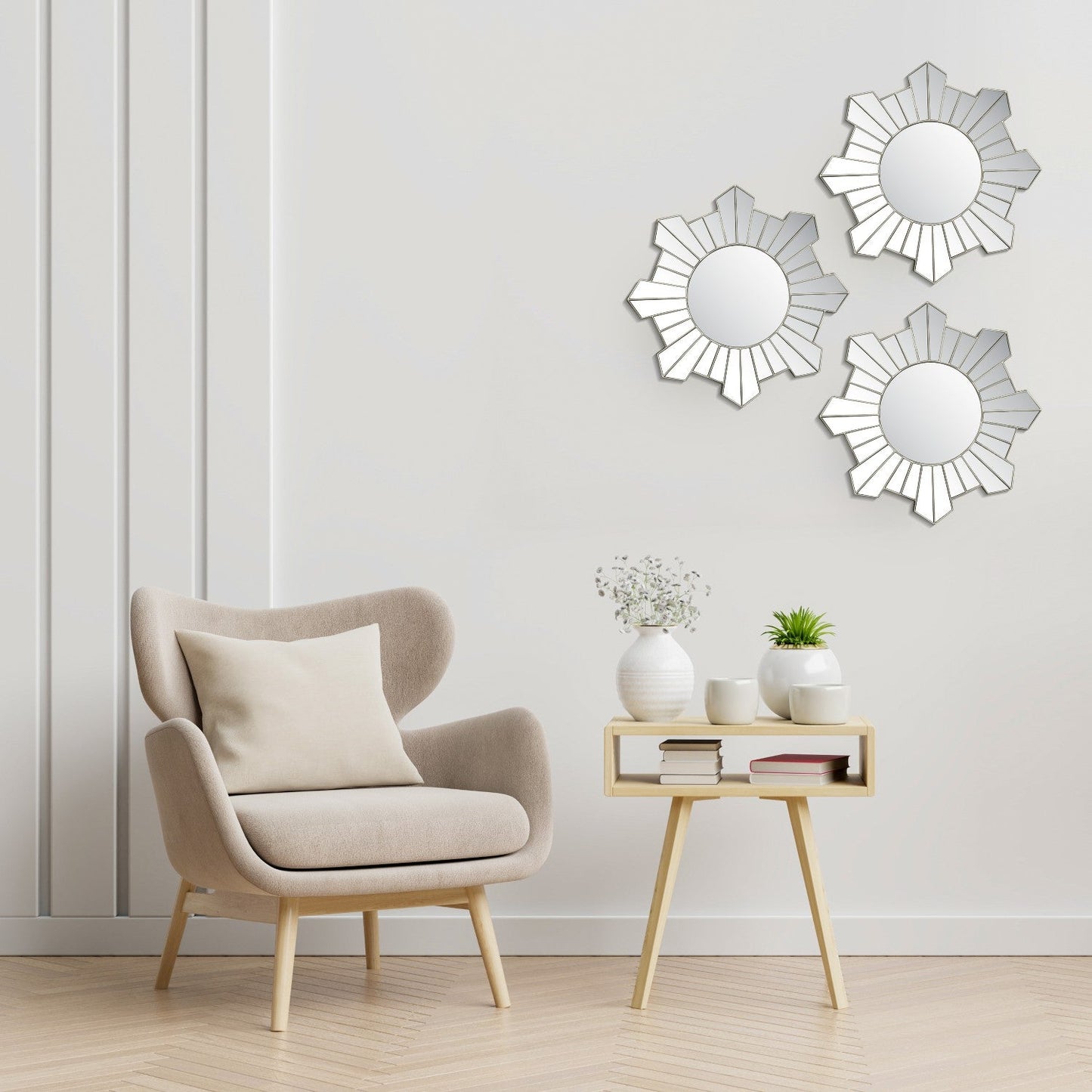 VON CASA Wall Mirror, Wall Décor, Antique Finish, Champagne Colour, Plastic, Set of 3