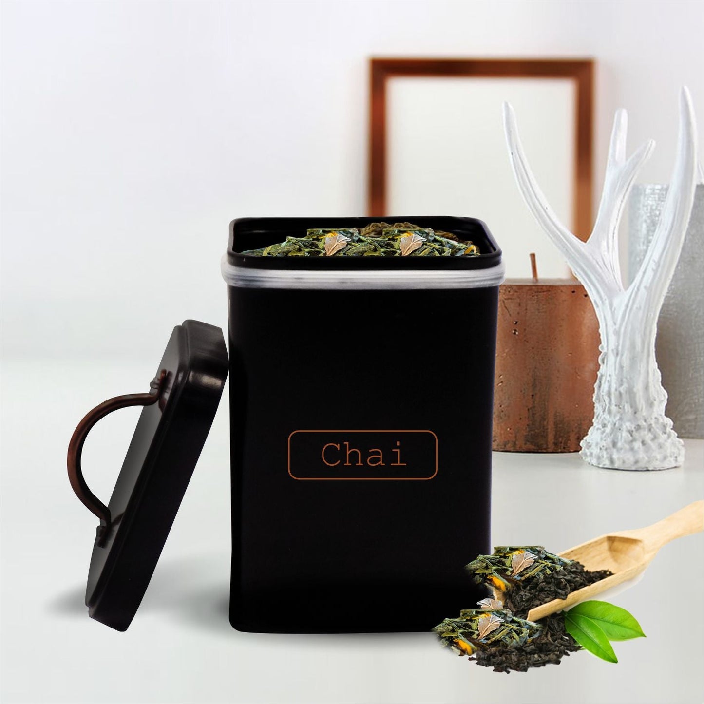 VON CASA Chai Jar, Kitchen Decorative, Countertop Metal Storage Jar, Black, Mild Steel | (1 Litre)