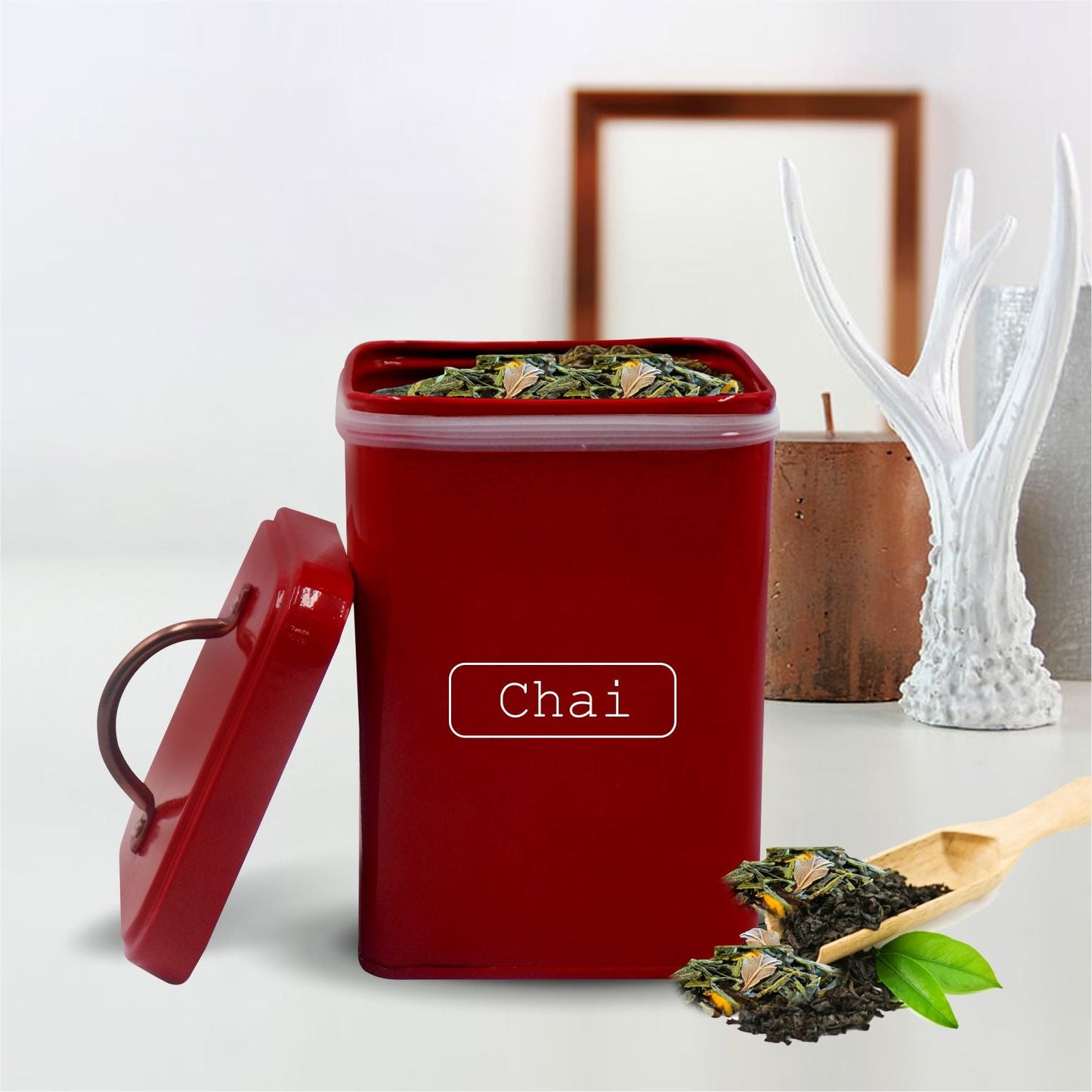 VON CASA Chai Jar, Kitchen Decorative, Countertop Metal Storage Jar, Red, Mild Steel | (1 Litre)