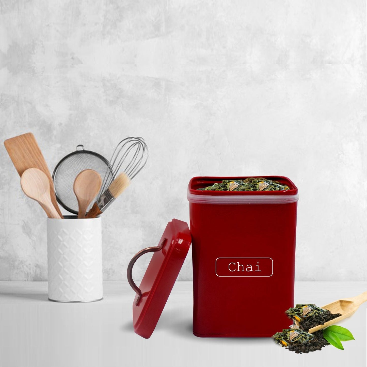 VON CASA Chai Jar, Kitchen Decorative, Countertop Metal Storage Jar, Red, Mild Steel | (1 Litre)