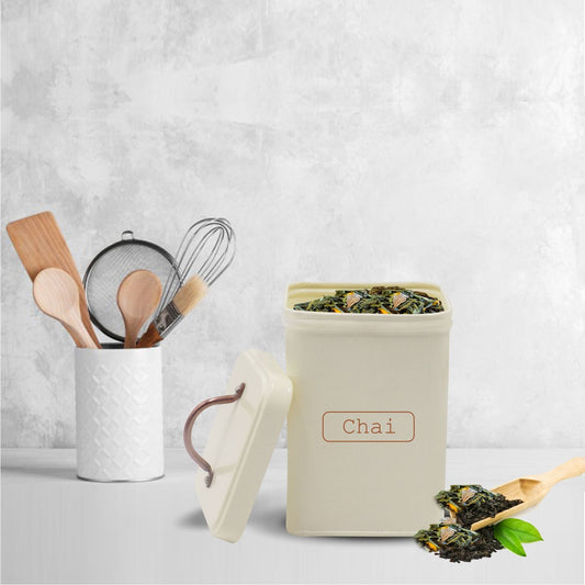 VON CASA Chai Jar, Kitchen Decorative, Countertop Metal Storage Jar, Ivory, Mild Steel