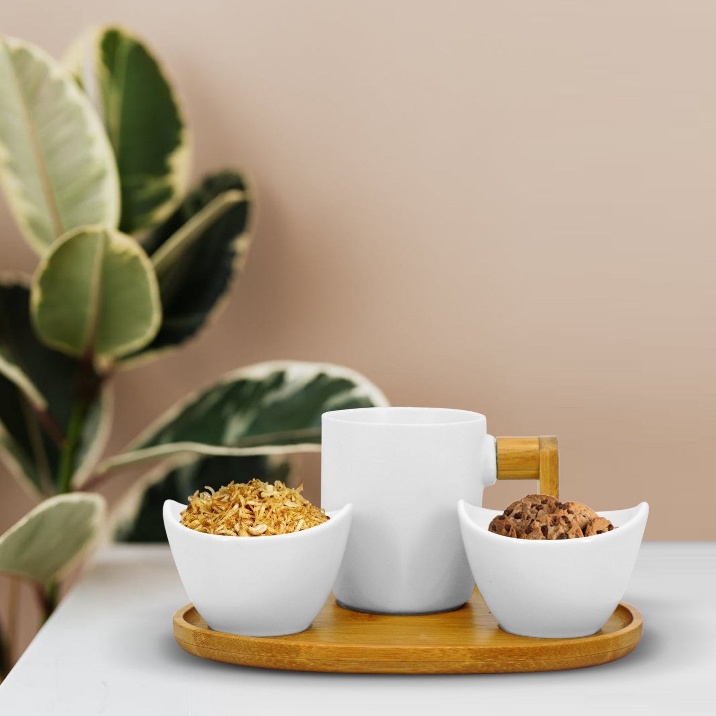 VON CASA Bowls & Mug Set, with Wooden Tray, White, Ceramic & Bamboo, Set of 2 Bowls & a Mug