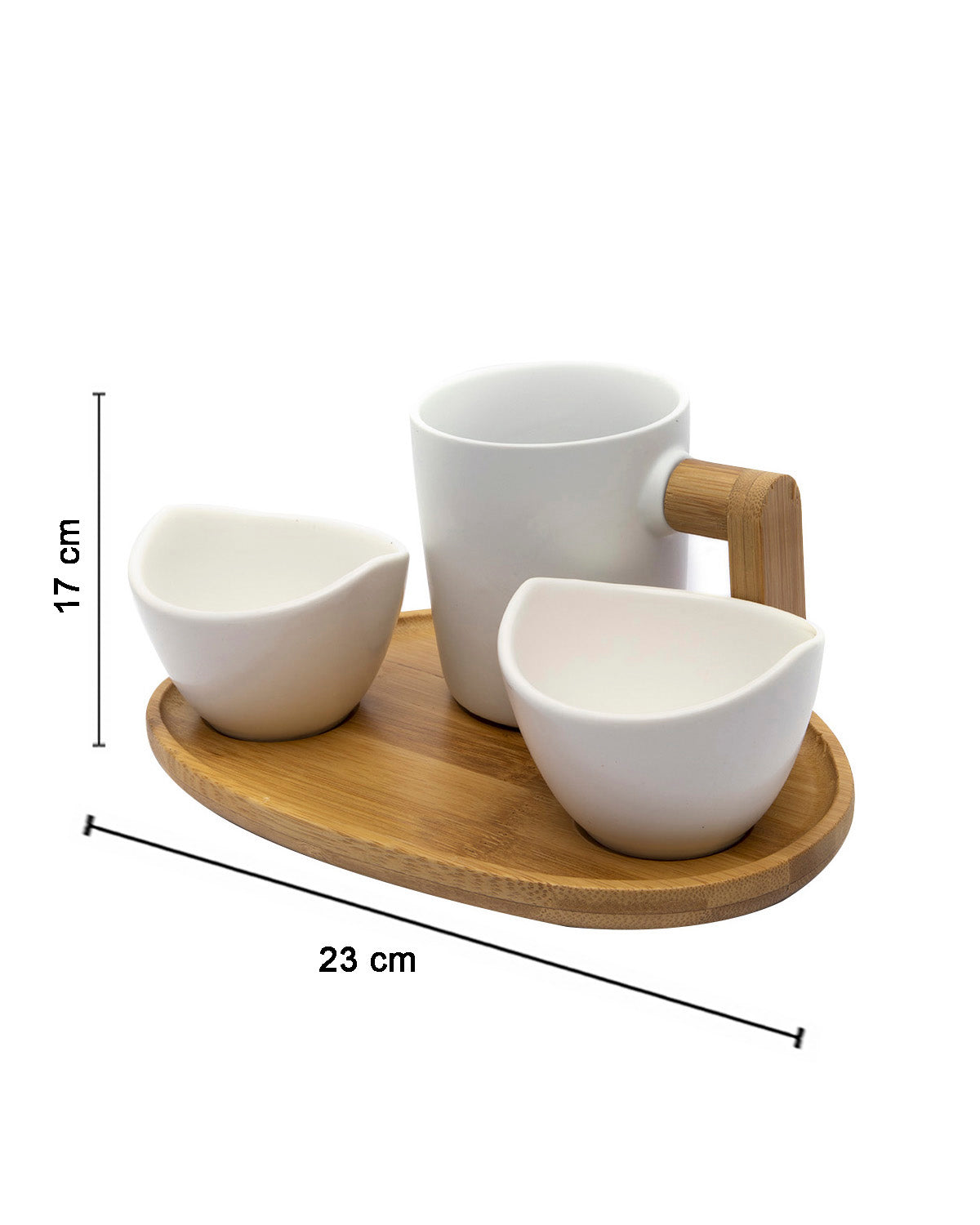 VON CASA Bowls & Mug Set, with Wooden Tray, White, Ceramic & Bamboo, Set of 2 Bowls & a Mug