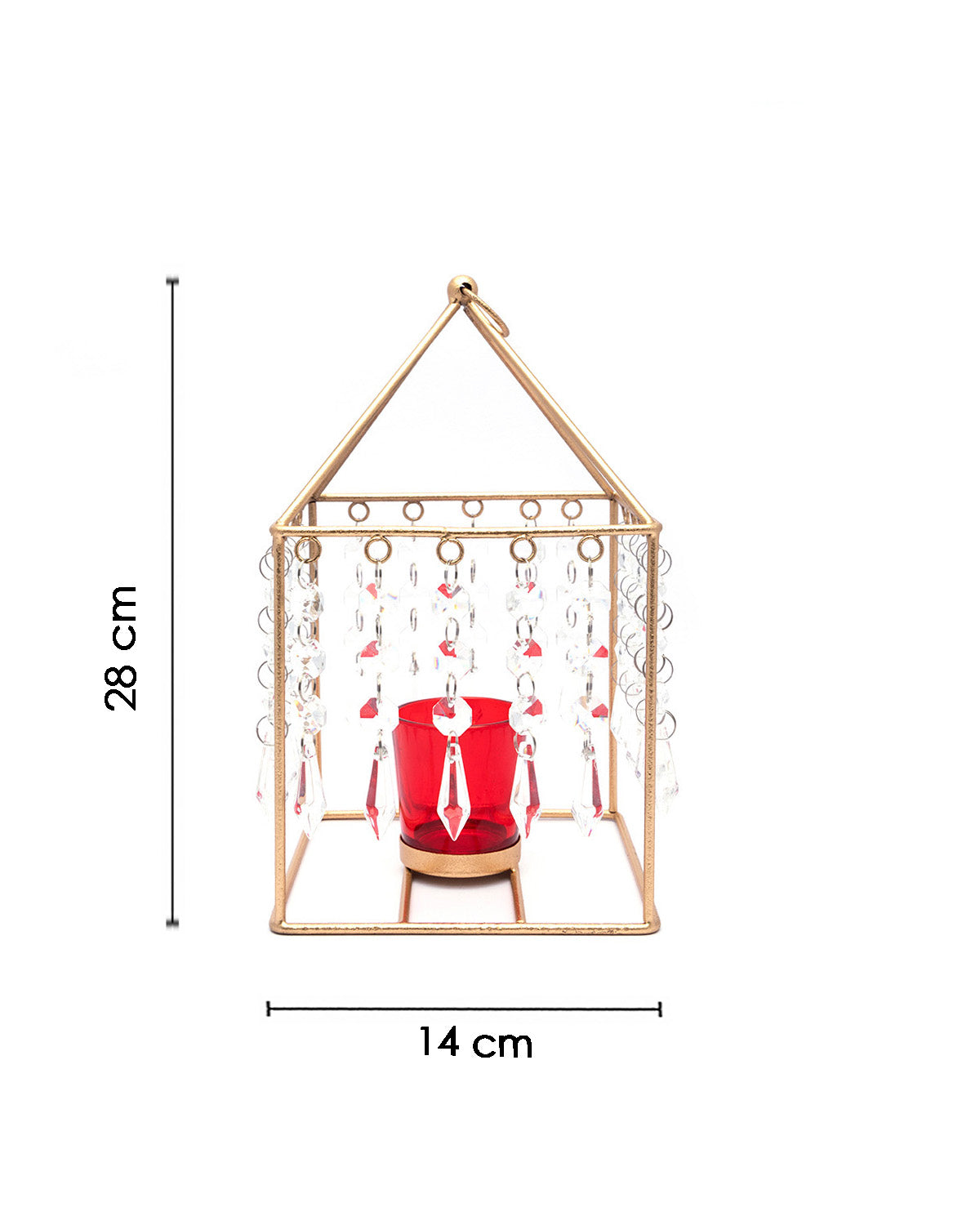 VON CASA Geo T-Light Candle Holder, Clear Crystal Votive Holder, Red Votive, Gold Finish, Mild Steel