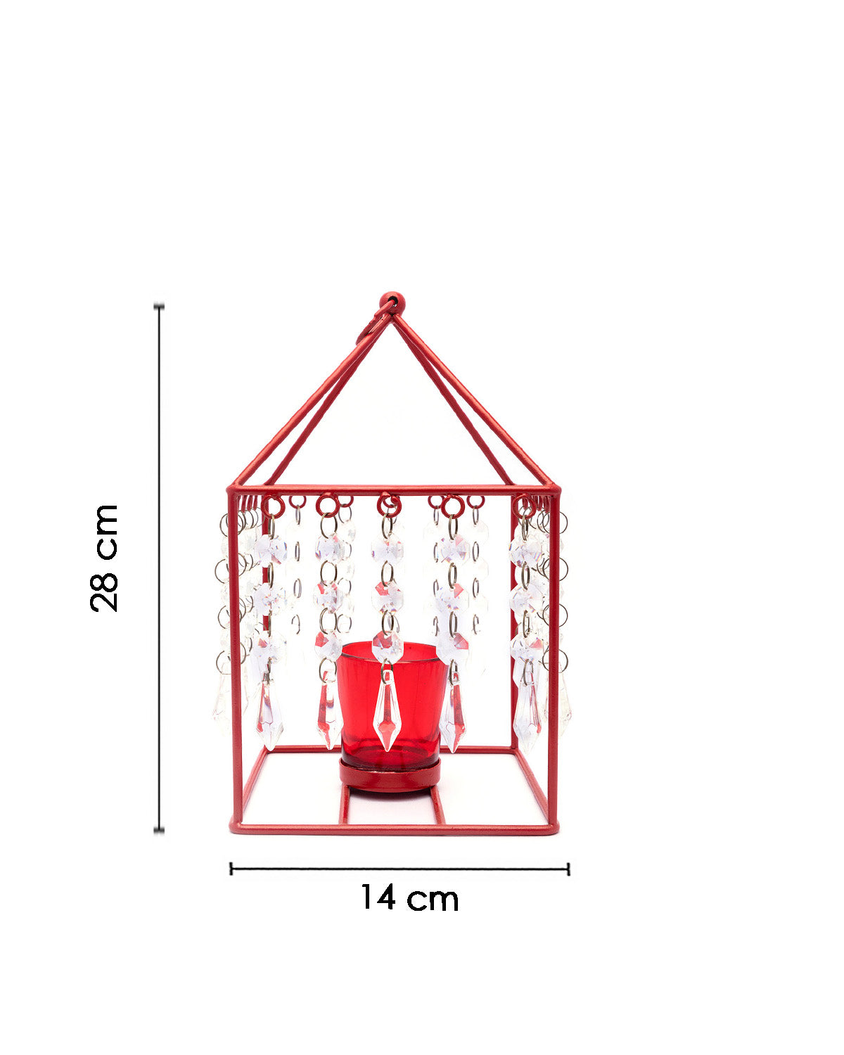 VON CASA Geo T-Light Candle Holder, Clear Crystal Votive Holder, Red Votive, Red Colour, Mild Steel