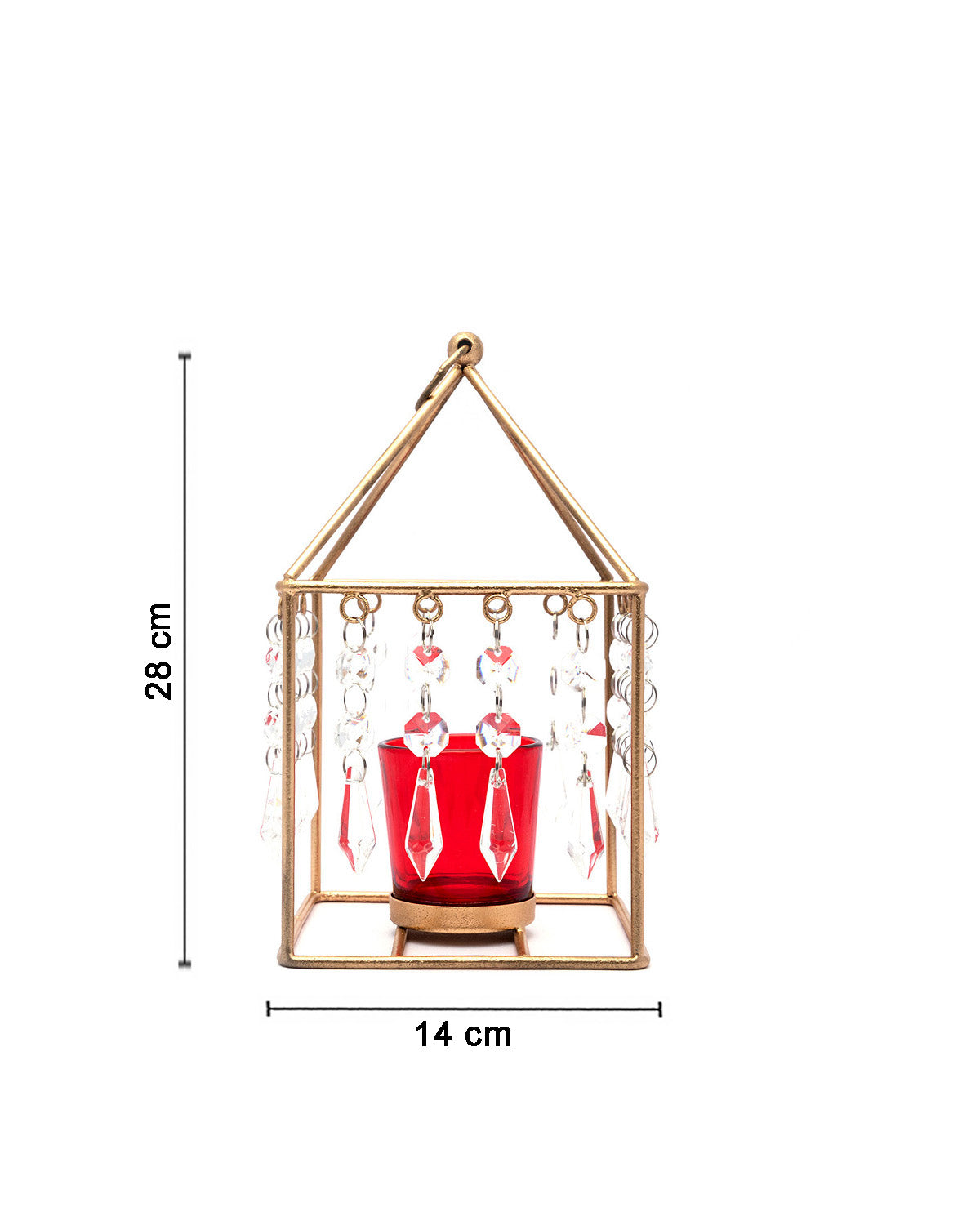 VON CASA Geo T-Light Candle Holder, Clear Crystal Votive Holder, Red Votive, Gold Finish, Mild Steel