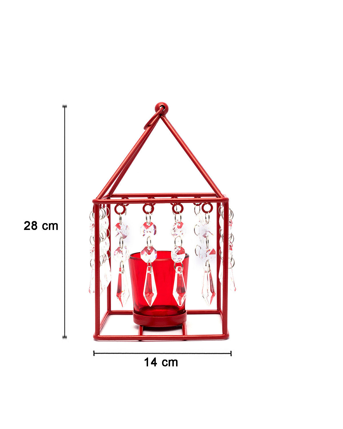 VON CASA Geo T-Light Candle Holder, Clear Crystal Votive Holder, Red Colour, Mild Steel