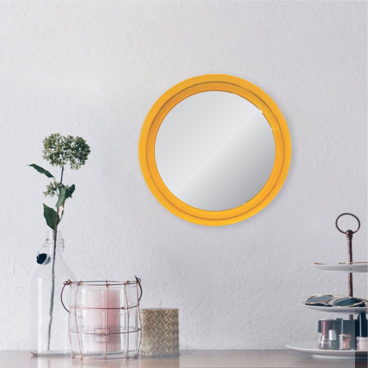 VON CASA Round Mirror, Metal Frame, Elegant Style, Modern Design, Yellow Colour, Mild Steel