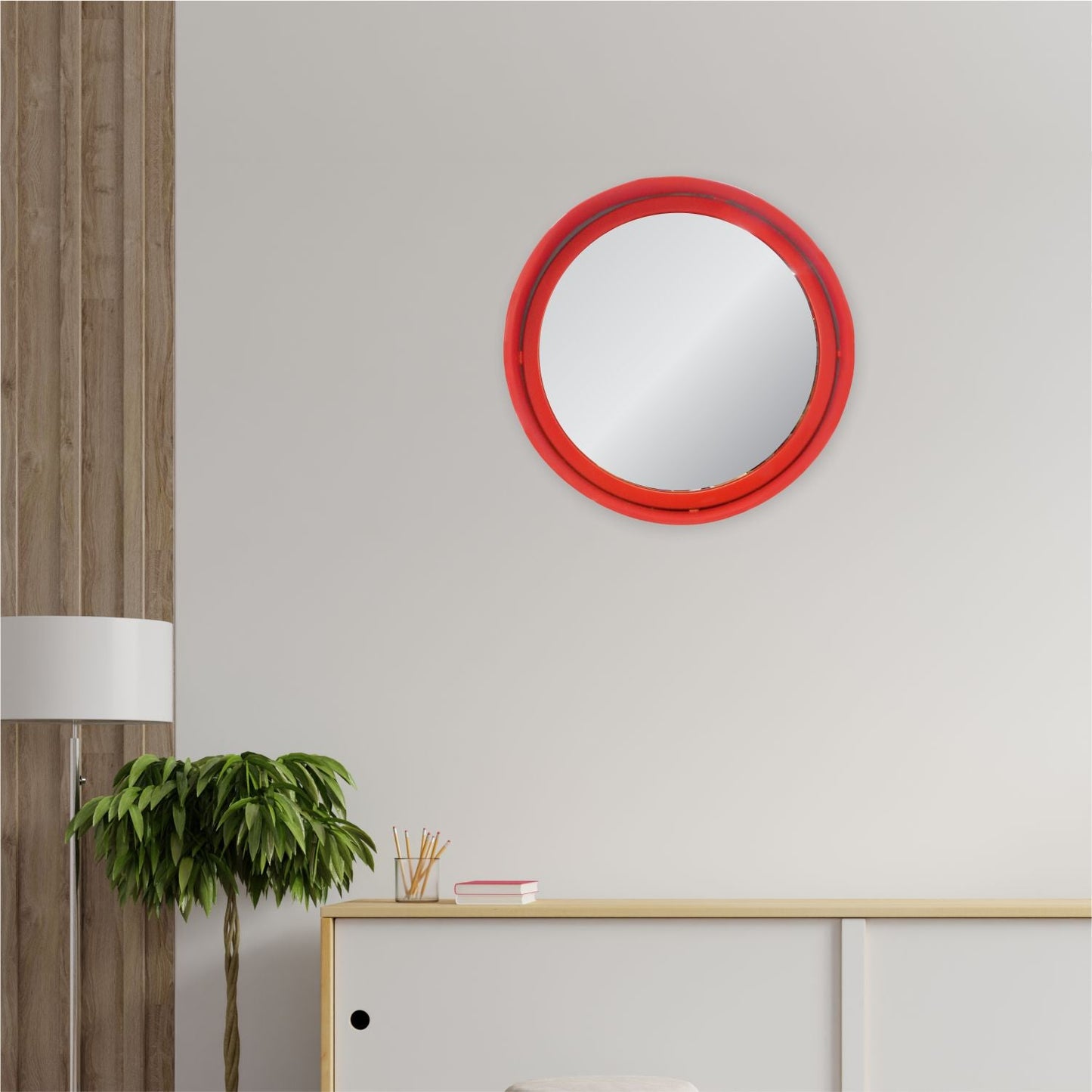 VON CASA Round Mirror, Metal Frame, Elegant Style, Modern Design, Red Colour, Mild Steel