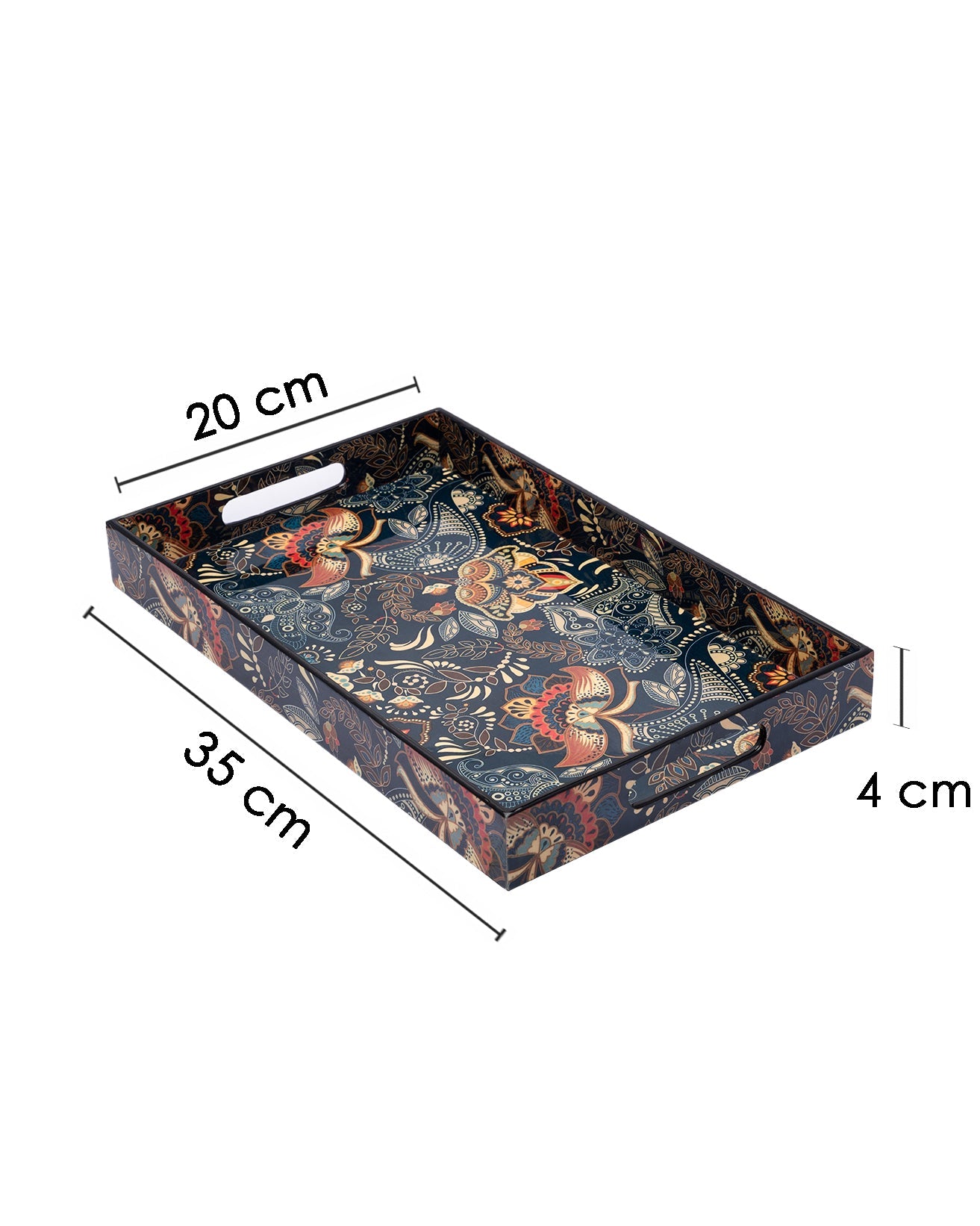 VON CASA Decorative Serving Tray, Wooden Tray with Handles, Ethnic Design Tray, Home Décor, Medium, Rectangular, Multicolour, MDF