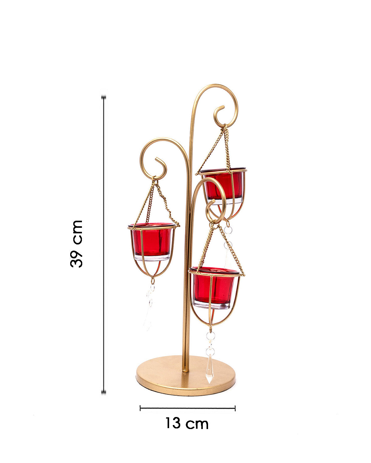 VON CASA 3 T-Light Candle Holder, Red Hanging Votive, Gold Finish, Mild Steel