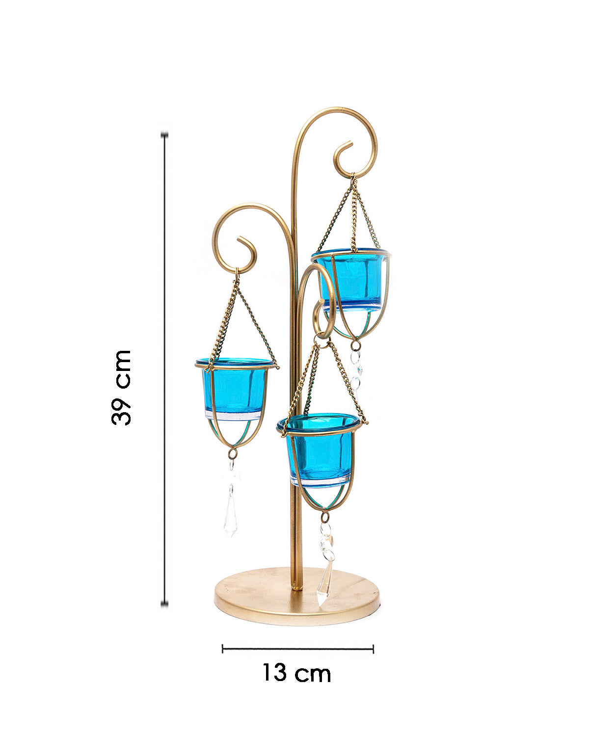 VON CASA 3 T-Light Candle Holder, Turquoise Hanging Votive, Gold Finish, Mild Steel