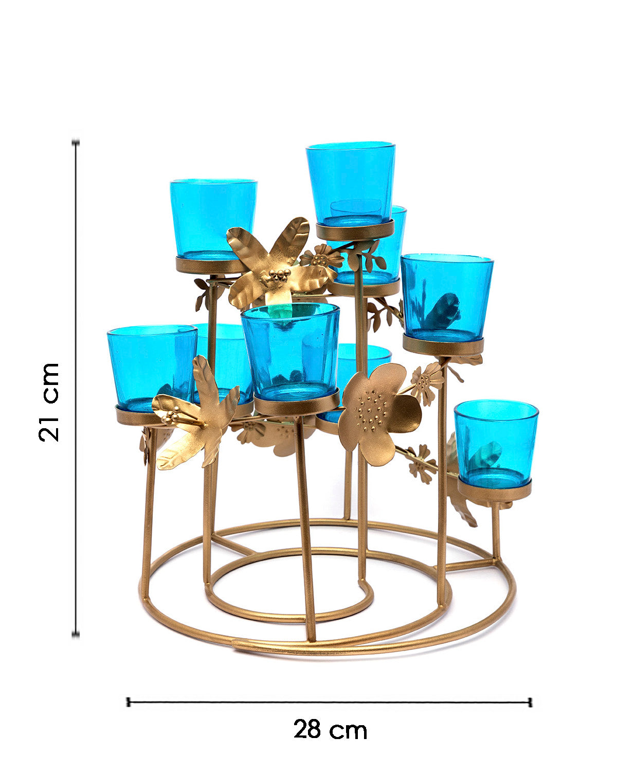 VON CASA 9 Arms T-Light Candle Holder, Turquoise Votive, Floral Décor, Gold Finish, Mild Steel