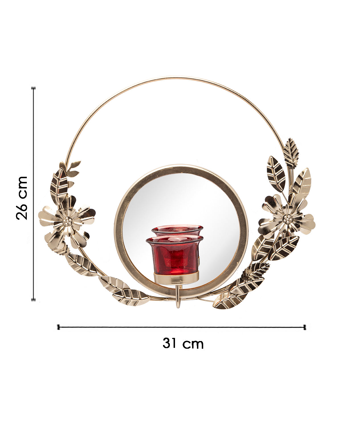 VON CASA Wall Sconce Ring with Mirror, T-Light Holder, Floral Design, Red Votive, Gold, Mild Steel