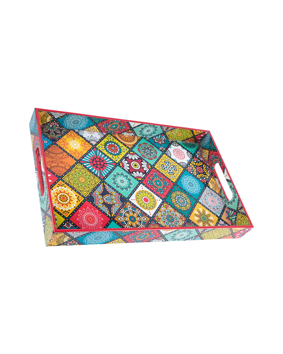 VON CASA Tray with Handle, Multiple Style Print, Multicolour, MDF