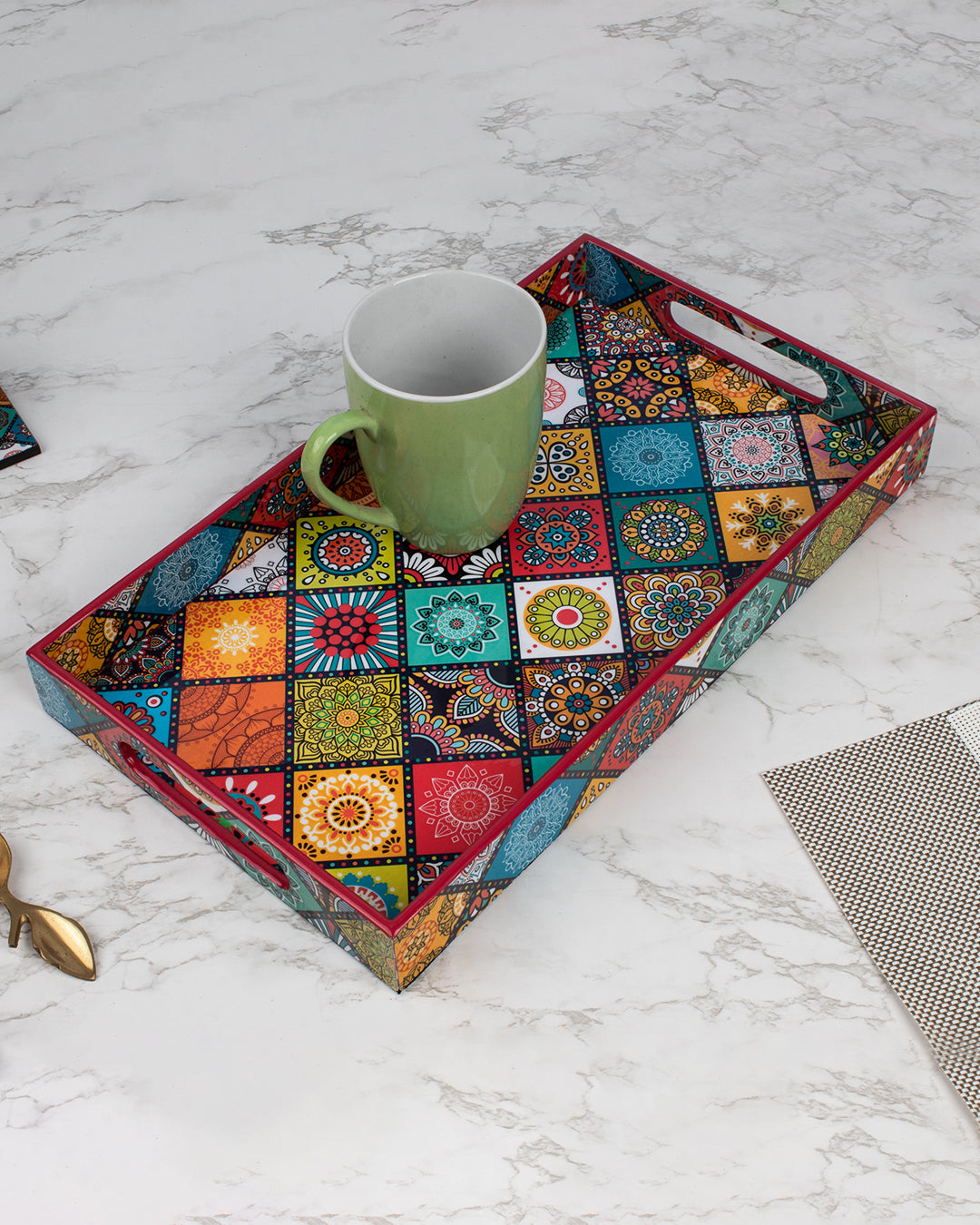VON CASA Tray with Handle, Multiple Style Print, Multicolour, MDF