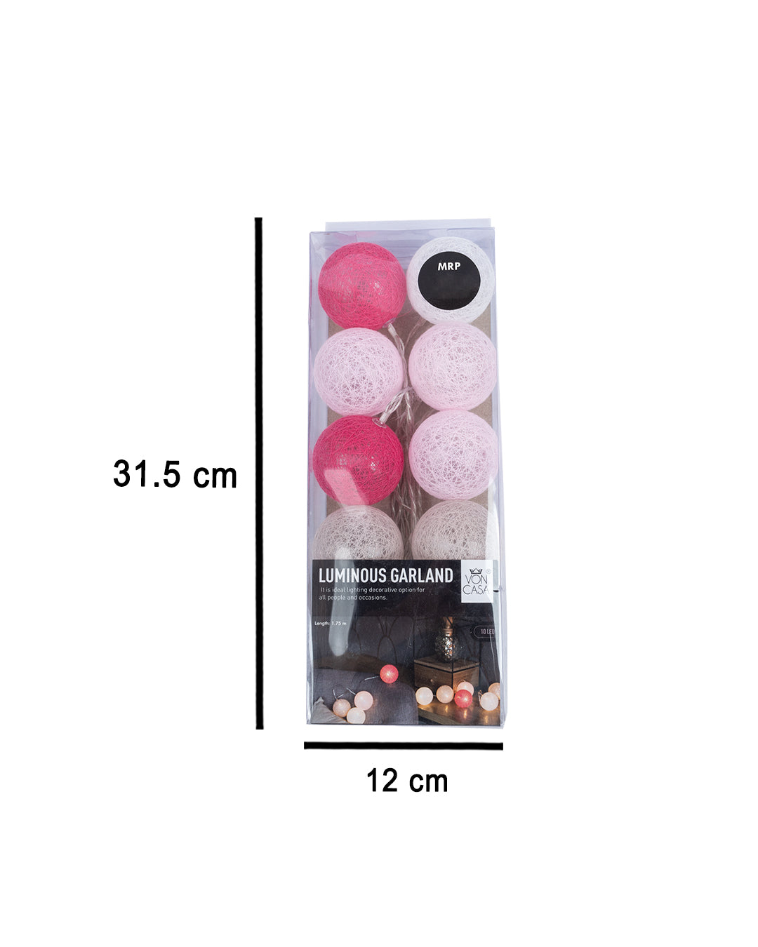 VON CASA String Lights, with 10 Balls, Pink & Taupe, Polystyrene & Cotton