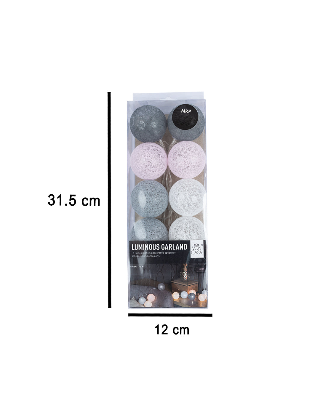 VON CASA String Lights with 10 Balls, Grey & Pink, Polystyrene & Cotton