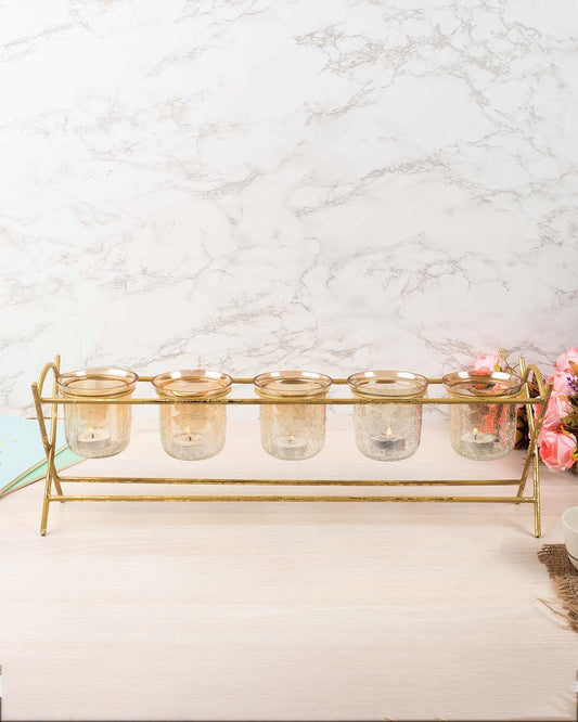 Lighting Table Glass T-Light Holder with Stand, Diwali Decoration, Golden Colour, Iron