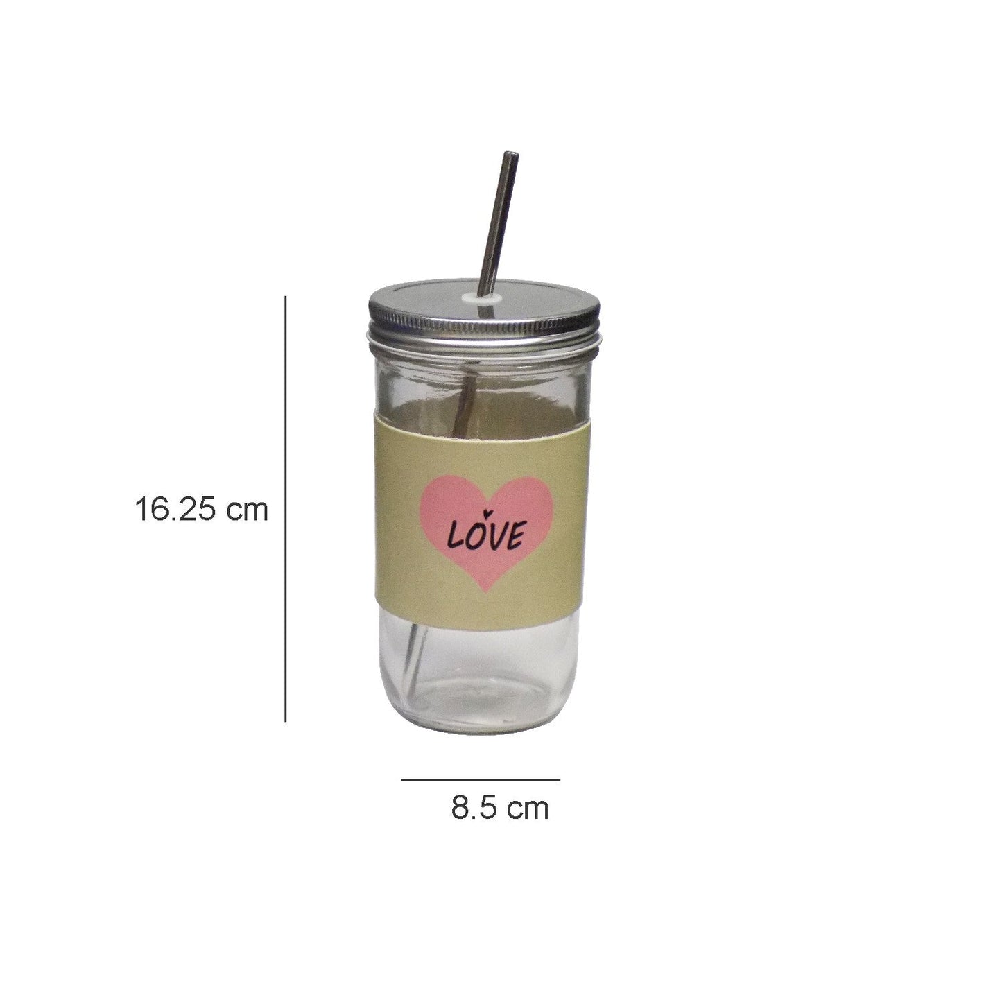 VON CASA Mason Sipper, with Stainless Steel Straw & PU Sleeve, Masson Tumbler, Mason Jar, Love Printed Design, Silver Colour, Glass, 600 mL