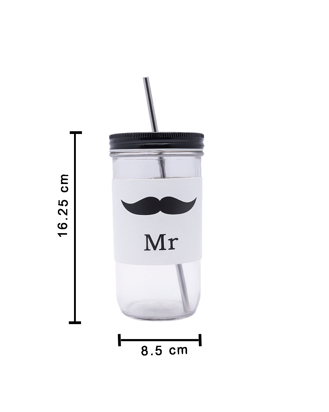 VON CASA Mason Sipper, with Stainless Steel Straw & PU Sleeve, Masson Tumbler, Mason Jar, Mr Printed Design, Silver Colour, Glass, 600 mL