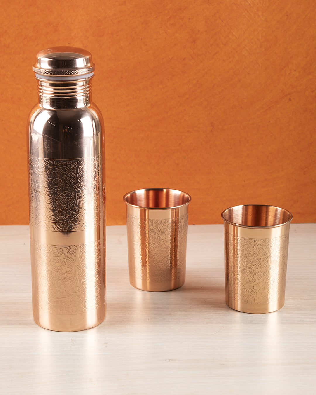 VON CASA Bottle with Tumbler Set, 1 Bottle, 2 Tumblers, Copper, Set of 3, 1 Litre